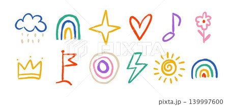 Colorful hand drawn crayon doodle set. Childish paint brush sketch element collection. Naive scribbled flower, rainbow, sun, heart, crown, star, flag illustrations. Vector cute pencil drawing pack 139997600