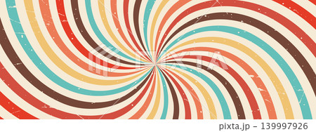 Retro radial burst. Abstract grunge and swirl. Groovy Starburst background. Retro twisted wallpaper. Vintage Vector art 139997926