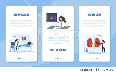 Nephrology banner set. Kidney disease collection. Medical examination and therapy by nephrologist for diagnosis and prevention. Vector design 139997935