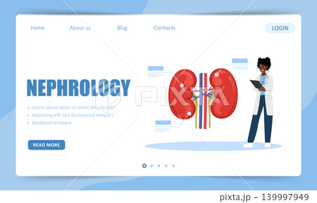 Nephrology. Landing page template. Dialysis therapy or renal failure. Vector illustration in flat cartoon style Nephrology. Landing page template. Dialysis therapy or renal failure. Vector illustration in flat cartoon style 139997949