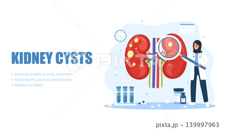 Kidney cysts concept. Arab female doctor diagnosis and treatment renal diseases. Vector illustration in flat cartoon style Kidney cysts concept. Arab female doctor diagnosis and treatment renal diseases. Vector illustration in flat cartoon style 139997963