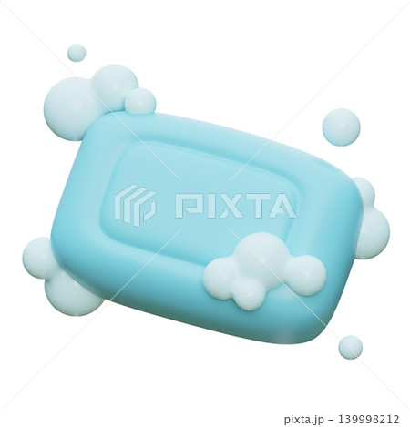 3D Render of Blue Soap Bar with Soft Foam Bubbles 139998212