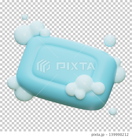 3D Render of Blue Soap Bar with Soft Foam Bubbles 139998212