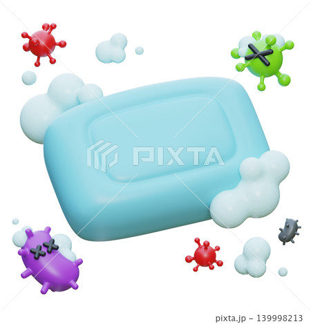 3D Render of Soap Bar Eradicating Bacteria and Viruses with Foam Bubbles 139998213