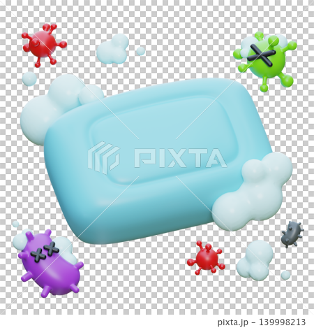 3D Render of Soap Bar Eradicating Bacteria and Viruses with Foam Bubbles 139998213