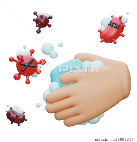 3D Render of Washing Hands with Soap Eradicating Bacteria and Viruses 139998217