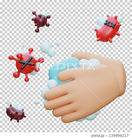 3D Render of Washing Hands with Soap Eradicating Bacteria and Viruses 139998217