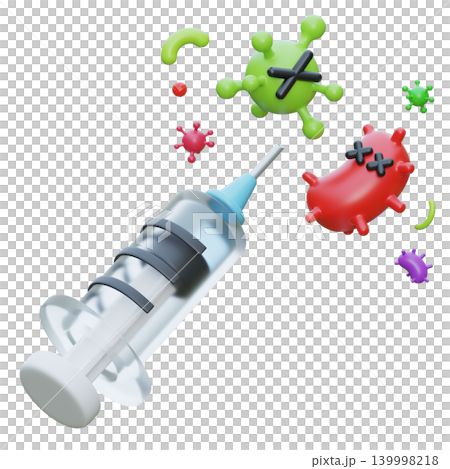 3D Render of Medical Syringe with Vaccine Eradicating Bacteria and Viruses 3D Render of Medical Syringe with Vaccine Eradicating Bacteria and Viruses 139998218