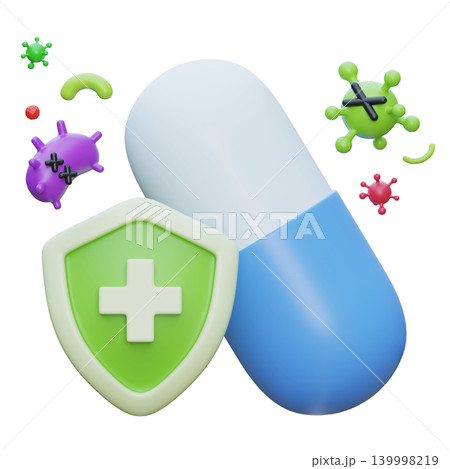 3D Render of Medical Capsule Pill and Protective Shield Eradicating Bacteria 139998219