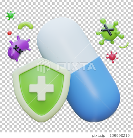 3D Render of Medical Capsule Pill and Protective Shield Eradicating Bacteria 139998219