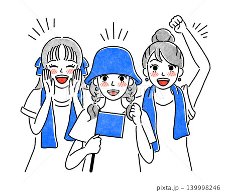 応援する青色の女性たちのシンプルイラスト 応援する青色の女性たちのシンプルイラスト 139998246