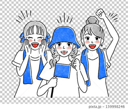 応援する青色の女性たちのシンプルイラスト 応援する青色の女性たちのシンプルイラスト 139998246