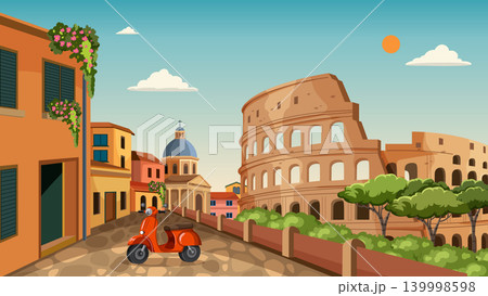 Vintage Vector Illustration of Rome Cityscape with Colosseum and Scooter Vintage Vector Illustration of Rome Cityscape with Colosseum and Scooter 139998598