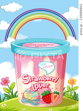 Strawberry Ice Cream Tub Vector Illustration with Rainbow and Clouds 139998601