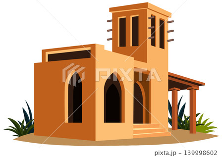 Traditional Middle Eastern Adobe Building with Wind Tower and Arched Windows 139998602