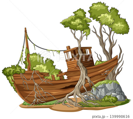Old Wooden Shipwreck Overgrown with Trees and Vines Old Wooden Shipwreck Overgrown with Trees and Vines 139998616