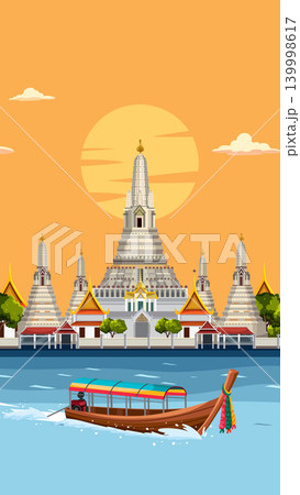Wat Arun Temple and Longtail Boat on Chao Phraya River at Sunset Wat Arun Temple and Longtail Boat on Chao Phraya River at Sunset 139998617