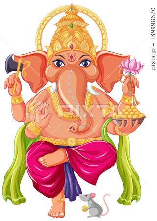 Colorful Hindu Deity Ganesha Illustration with Elephant Head and Sacred Symbols Colorful Hindu Deity Ganesha Illustration with Elephant Head and Sacred Symbols 139998620