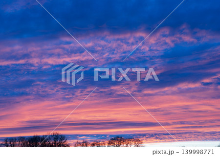 Beautiful blue hour sky with pink and purple sunset clouds over trees Beautiful blue hour sky with pink and purple sunset clouds over trees 139998771