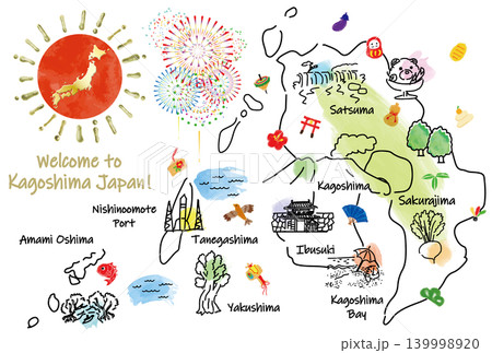 鹿児島県の観光地と日本の縁起物かわいい手描き線画 139998920
