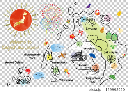 鹿児島県の観光地と日本の縁起物かわいい手描き線画 139998920