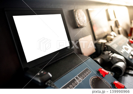 Blank monitor screen of GPS navigation and marine radar on boat dashboard Blank monitor screen of GPS navigation and marine radar on boat dashboard 139998966