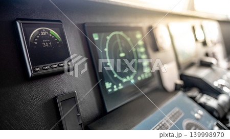 Digital compass navigation and depth monitor on dashboard of marine boat Digital compass navigation and depth monitor on dashboard of marine boat 139998970