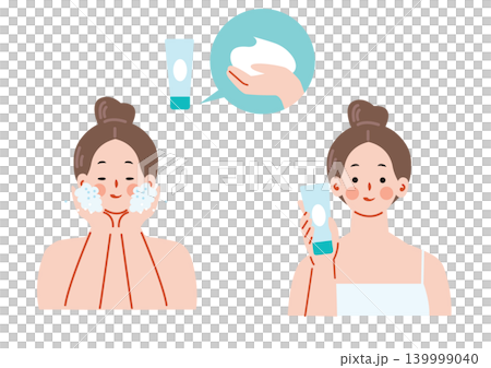 一位女士正在用洗面乳洗臉的插圖。 一位女士正在用洗面乳洗臉的插圖。 139999040