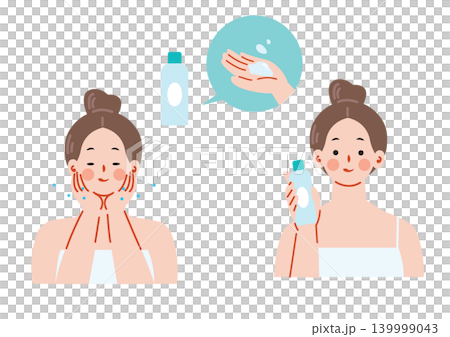 一個女人用乳液滋潤她的皮膚的插圖 139999043