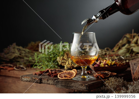 Herbal bitter liqueur is poured from a vintage bottle into a glass. Herbal bitter liqueur is poured from a vintage bottle into a glass. 139999356