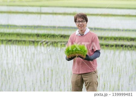 米の苗を持つ農家の男性 139999481