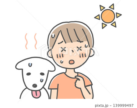 夏の暑さにバテ気味の男の子とペット 139999497