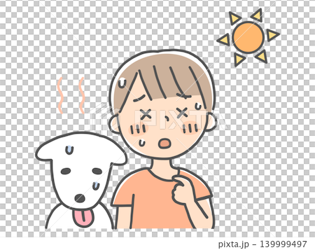 夏の暑さにバテ気味の男の子とペット 139999497