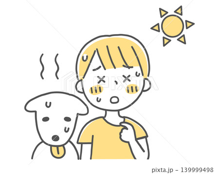 夏の暑さにバテ気味の男の子とペット単色 夏の暑さにバテ気味の男の子とペット単色 139999498