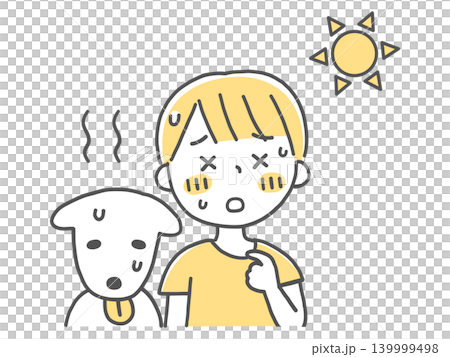 一個男孩因夏日酷暑而感到疲憊,以及他的寵物(黑白照片) 一個男孩因夏日酷暑而感到疲憊,以及他的寵物(黑白照片) 139999498