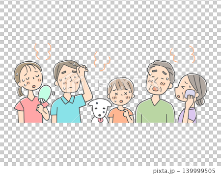 An illustration of a family and their pets struggling with the summer heat. An illustration of a family and their pets struggling with the summer heat. 139999505