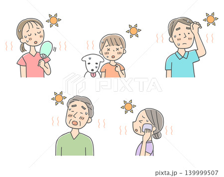 夏の暑さに困る家族とペットのイラストセット 139999507