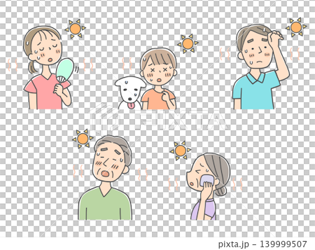 夏の暑さに困る家族とペットのイラストセット 139999507