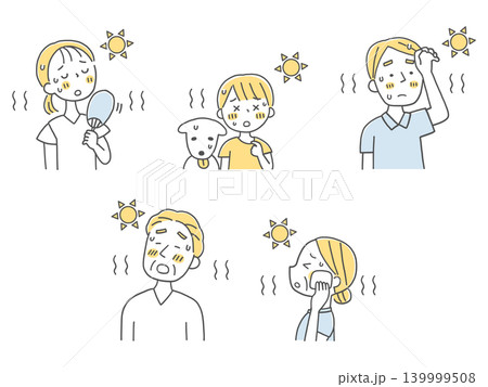 夏の暑さに困る家族とペットのイラストセット単色 夏の暑さに困る家族とペットのイラストセット単色 139999508