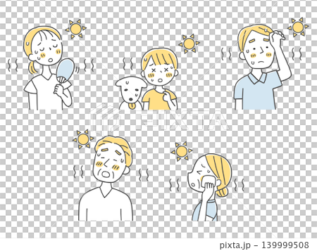 夏の暑さに困る家族とペットのイラストセット単色 夏の暑さに困る家族とペットのイラストセット単色 139999508
