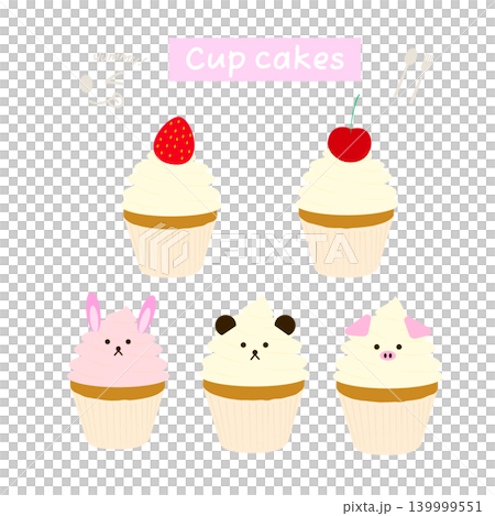 A set of illustrations of cupcakes topped with fruit and animal decorations. A set of illustrations of cupcakes topped with fruit and animal decorations. 139999551