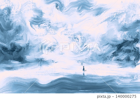 Blue stormy cloud with figure Abstract Painterly Sky Background with Stormy Blue Clouds and Tiny Silhouette Figure 140000275