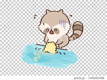 A raccoon panics when he washes his cotton candy in the river and it melts away in an instant (failure/despair). A raccoon panics when he washes his cotton candy in the river and it melts away in an instant (failure/despair). 140000386