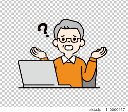 Vector illustration of the upper body of an elderly man sitting in front of a computer with a troubled or worried expression. Vector illustration of the upper body of an elderly man sitting in front of a computer with a troubled or worried expression. 140000467