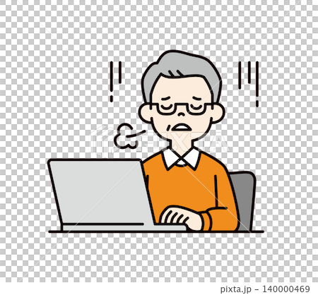 Vector illustration of an elderly man sighing in exhaustion while using a laptop. 140000469