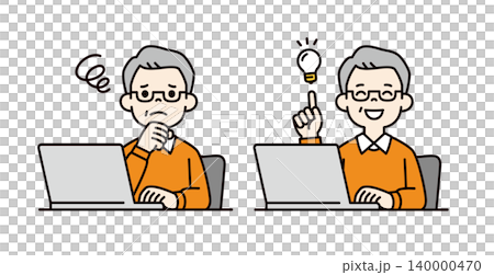 A set of vector illustrations of an elderly man/senior citizen operating a computer and resolving a problem. A set of vector illustrations of an elderly man/senior citizen operating a computer and resolving a problem. 140000470