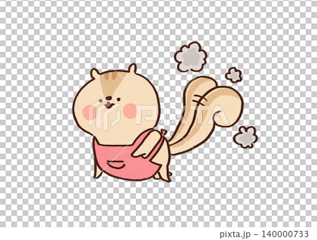 A squirrel in an apron uses its proud tail as a duster to clean up dust (housework/spring cleaning) 140000733