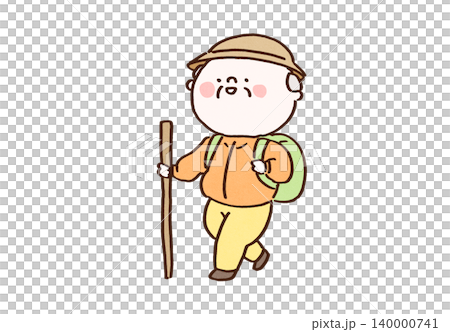 一位穿著登山服的老人喜歡登山,拄著一根長長的木製登山杖(活躍的老人,身體健康)。 一位穿著登山服的老人喜歡登山,拄著一根長長的木製登山杖(活躍的老人,身體健康)。 140000741
