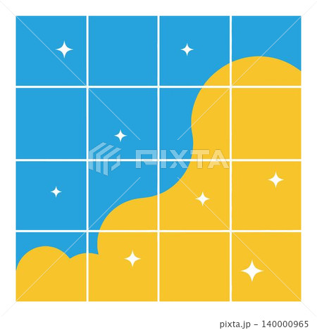 Blue and yellow grid pattern icon with white stars and lines Blue and yellow grid pattern icon with white stars and lines 140000965