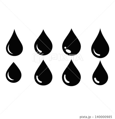 Eight Black Teardrop Water Droplets on White Background 140000985